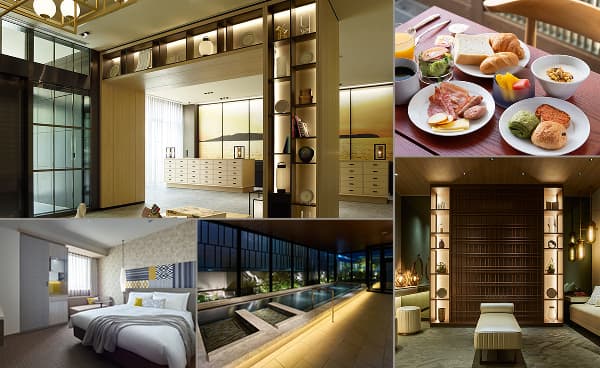 Left: hotel lobby, Top middle: breakfast menu, Top right: guest room, Bottom middle: large public bath, Bottom right: powder room
