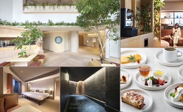 왼쪽: 호텔 로비, 위쪽 가운데: 조식 메뉴, 오른쪽 위: 객실, 아래쪽 가운데: 대욕장, 오른쪽 아래: 휴식 공간