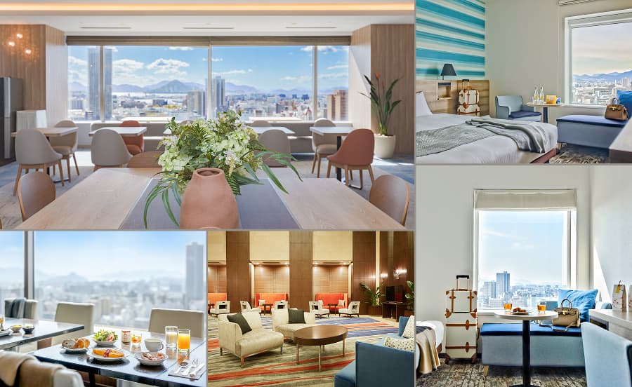 왼쪽: 라운지, 위쪽 가운데: 레스토랑 메뉴, 오른쪽 위: 객실, 아래쪽 가운데: 객실에서 바라본 풍경, 오른쪽 아래: 호텔 로비