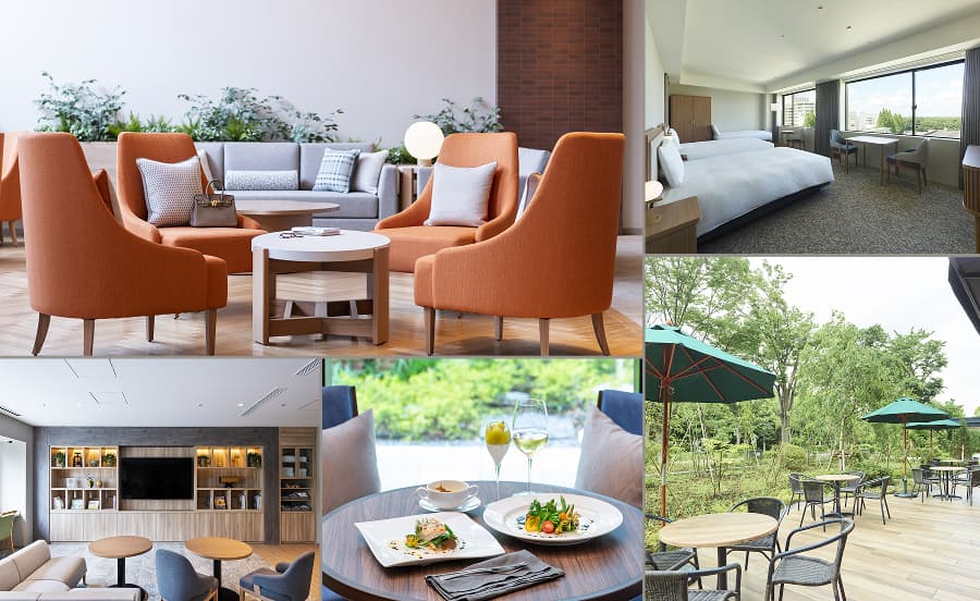 왼쪽: 호텔 로비, 위쪽 가운데: 라운지, 오른쪽 위: 객실, 아래쪽 가운데: 레스토랑, 오른쪽 아래: 야외 좌석