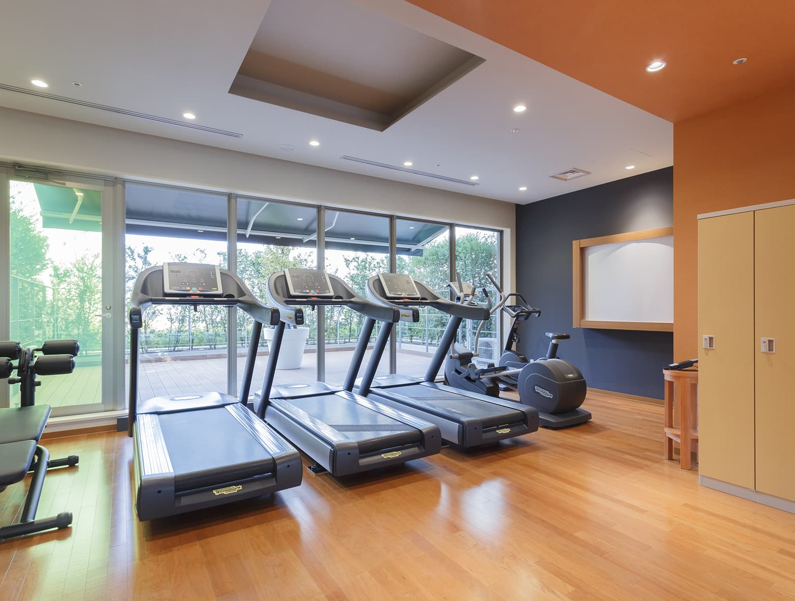 러닝머신, 실내 자전거, 인클라인벤치 등 유산소 운동 기구가 완비되어 있으며, 모든 기구가 큰 창을 향해 있어 녹음에 둘러싸인 데크 전망을 감상할 수 있는 현대적인 피트니스 룸.