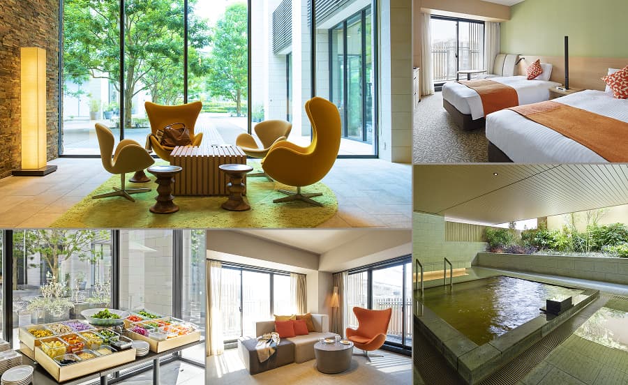 왼쪽: 호텔 로비, 위쪽 가운데: 레스토랑 메뉴, 오른쪽 위: 객실, 아래쪽 가운데: 객실, 오른쪽 아래: 대욕장