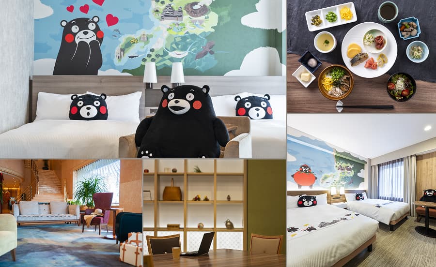 왼쪽: 구마 베어 룸 클로즈업, 위쪽 가운데: 레스토랑 메뉴, 오른쪽 위: 구마 베어 룸, 아래쪽 가운데: 호텔 로비, 오른쪽 아래: 라운지