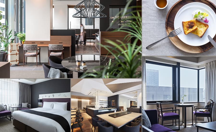 왼쪽: 호텔 로비, 위쪽 가운데: 조식 메뉴, 오른쪽 위: 객실, 아래쪽 가운데: 객실 좌석 공간, 오른쪽 아래: 레스토랑