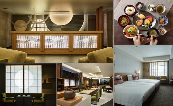 왼쪽: 호텔 로비, 위쪽 가운데: 레스토랑 메뉴, 오른쪽 위: 객실, 아래쪽 가운데: 객실 좌석 공간, 오른쪽 아래: 레스토랑