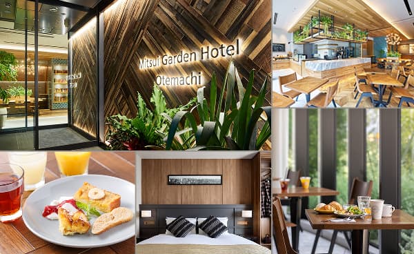 左：酒店入口；上中：餐厅；上右：早餐菜肴；下中：客房；下右：用餐区