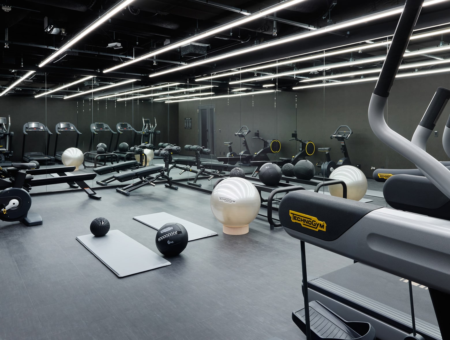 A modern gym filled with treadmills, rowing machines, yoga mats, yoga balls, and weighted medicine balls.