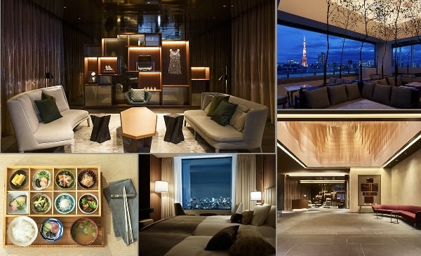 Left: art made from shards of glass, Top middle: guest bedroom, Top right: Breakfast menu, Bottom middle: lobby, Bottom right: Restaurant terrace