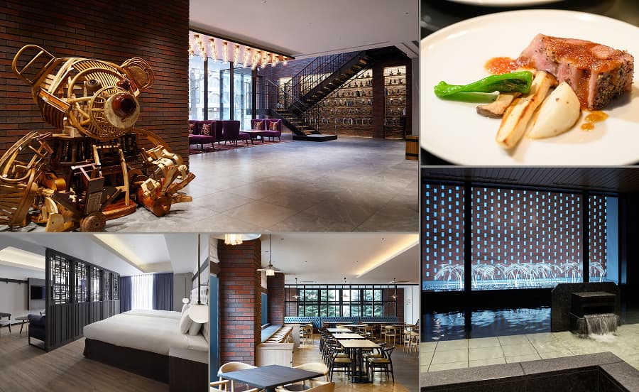 왼쪽: 호텔 로비, 위쪽 가운데: 레스토랑 메뉴, 오른쪽 위: 객실, 아래쪽 가운데: 대욕장, 오른쪽 아래: 레스토랑