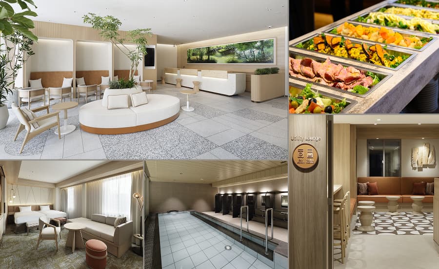 왼쪽: 호텔 로비, 위쪽 가운데: 레스토랑 메뉴, 오른쪽 위: 객실, 아래쪽 가운데: 대욕장, 오른쪽 아래: 유틸리티 라운지