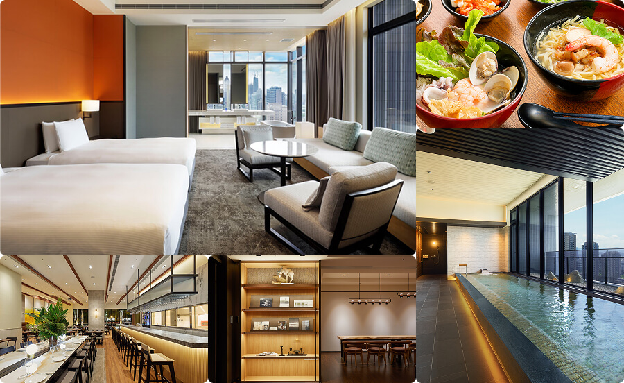 Left: guest room at night, Top middle: restaurant menu, Top right: guest room during the day, Bottom middle: large public bath, Bottom right: lounge