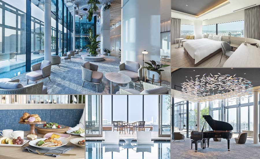 왼쪽: 호텔 로비, 위쪽 가운데: 조식 메뉴, 오른쪽 위: 객실, 아래쪽 가운데: 스카이 풀, 오른쪽 아래: 로비 예술 작품