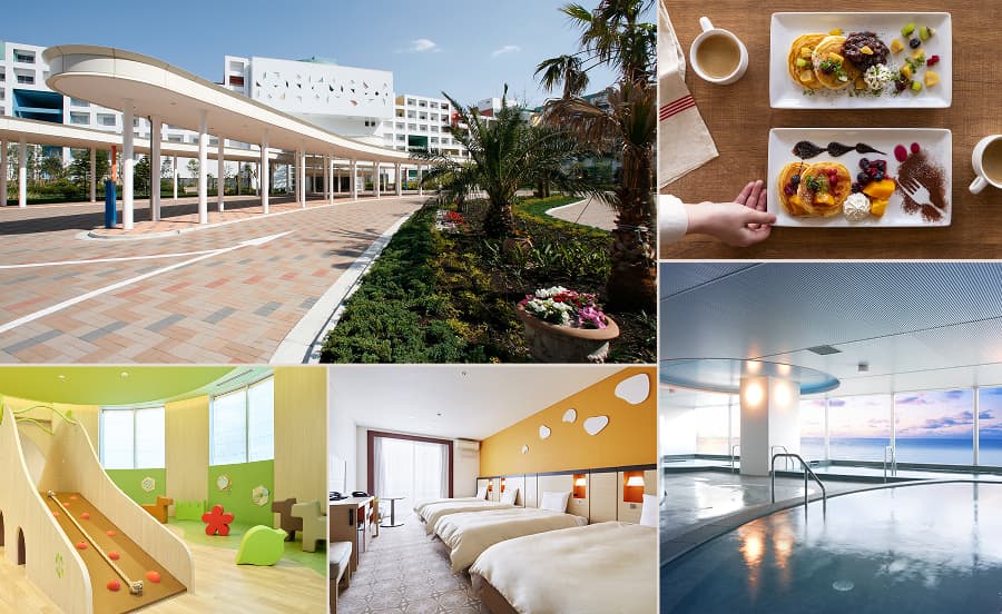 Left: Hotel driveway, Top middle: Breakfast menu, Top right: Guest Room, Bottom middle: Kids Lobby, Bottom right: large public bath