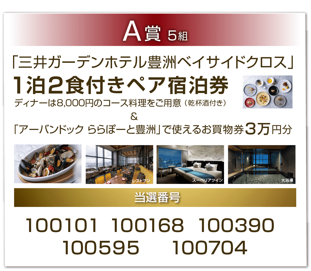 A賞 5組 「三井ガーデンホテル豊洲ベイサイドクロス」1泊2食付きペア宿泊券ディナーは8,000円のコース料理をご用意（乾杯酒付き）＆「アーバンドック ららぽーと豊洲」で使えるお買物券3万円分